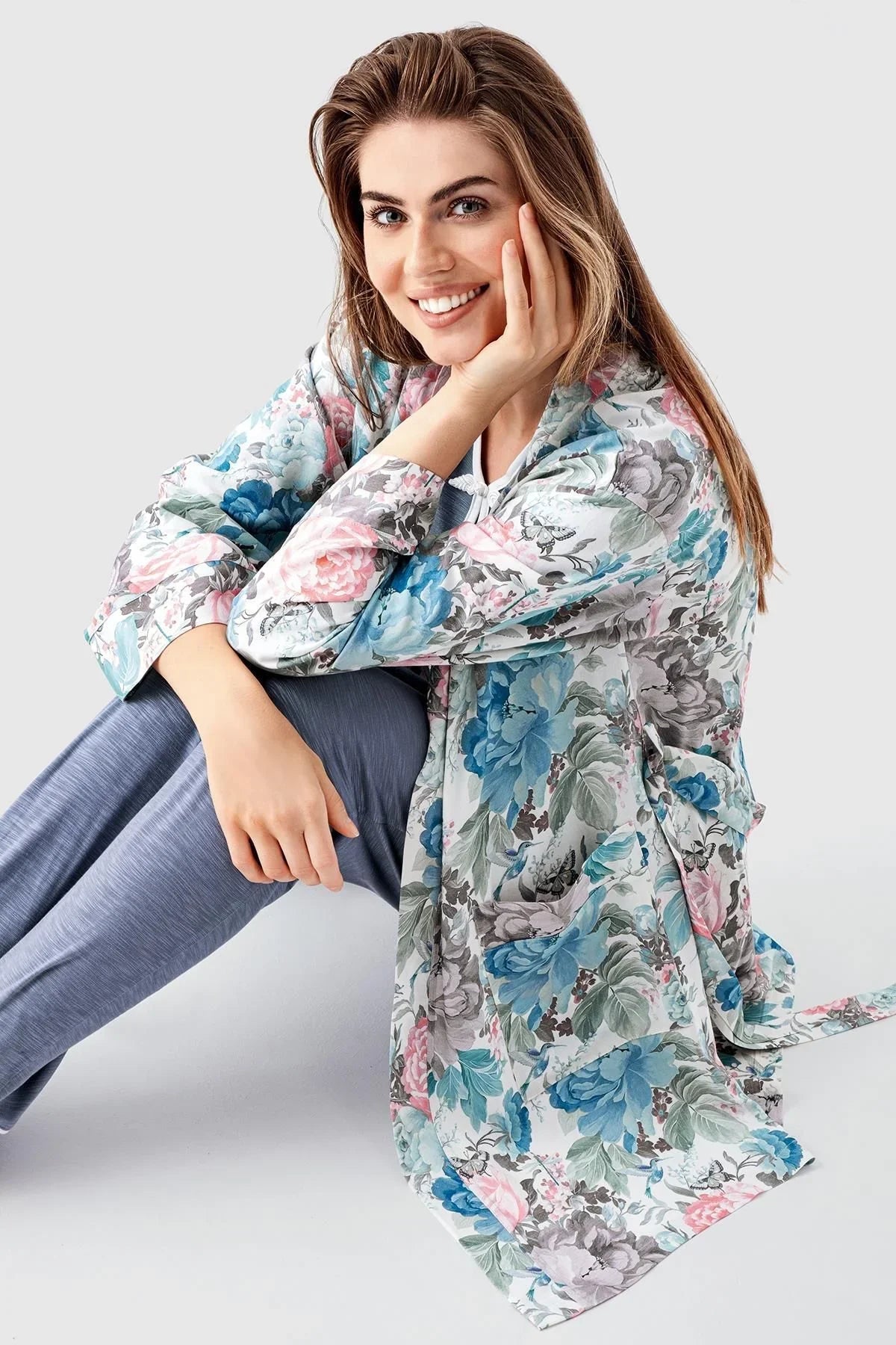 Uzun Kollu Desenli Esnek Viskoz Dokuma Hamile Sabahlık Pijama Takım 23108 - Artış Collection