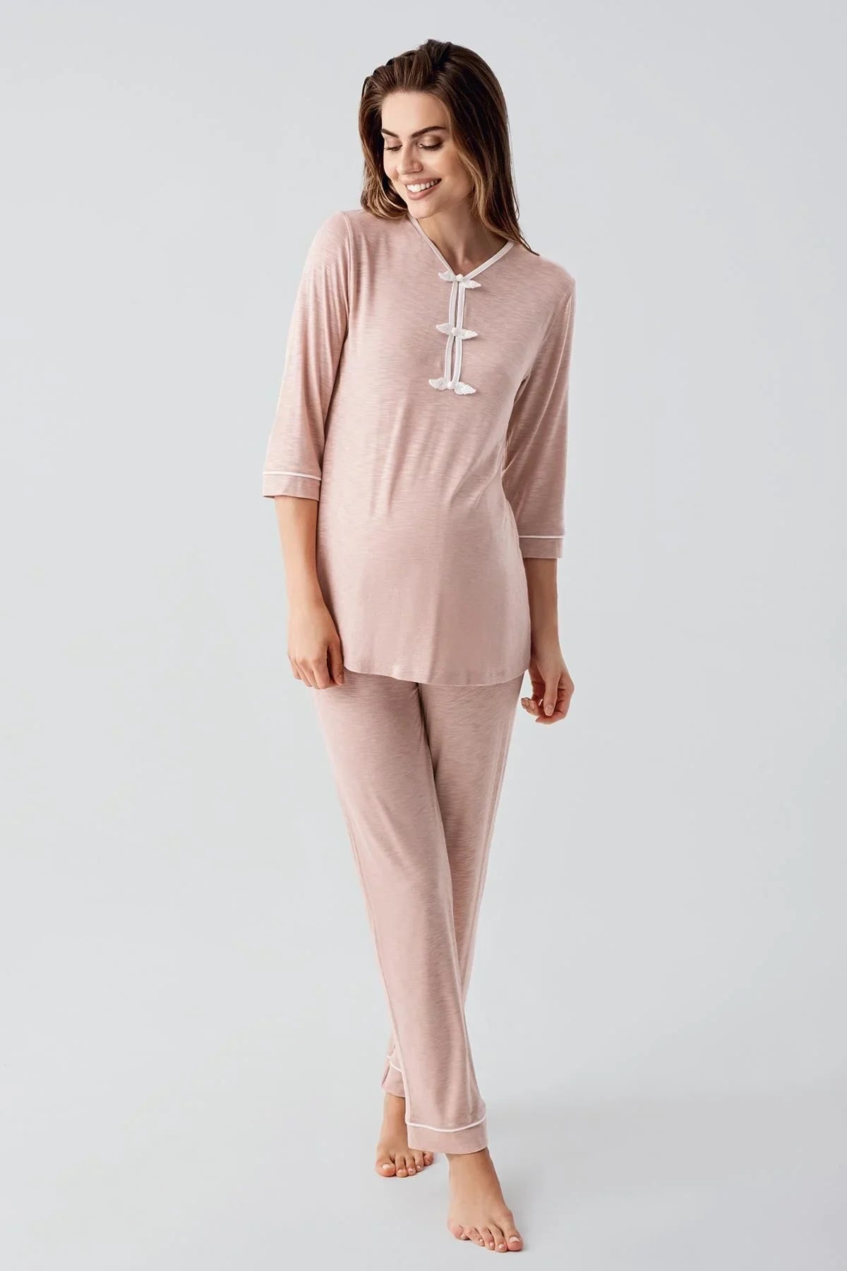 Uzun Kollu Desenli Esnek Viskoz Dokuma Hamile Sabahlık Pijama Takım 23108 - Artış Collection