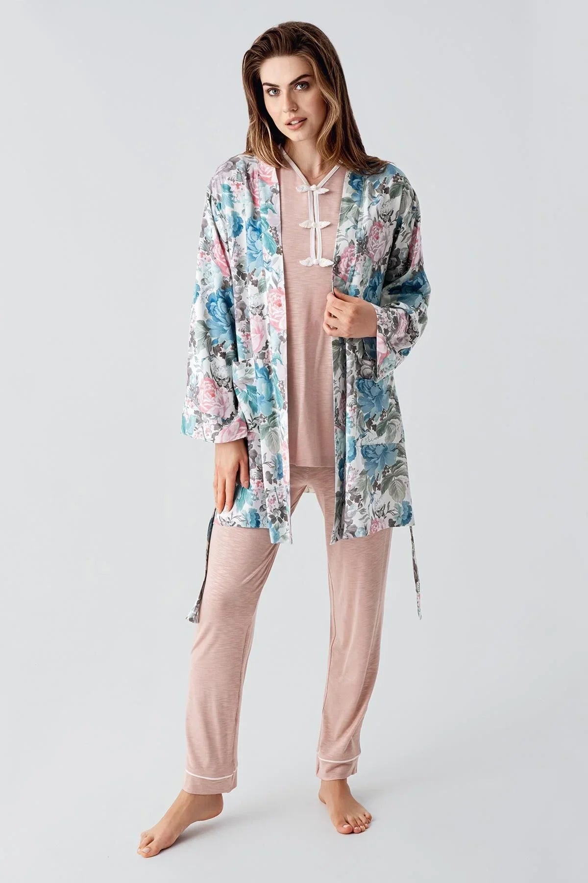 Uzun Kollu Desenli Esnek Viskoz Dokuma Hamile Sabahlık Pijama Takım 23108 - Artış Collection