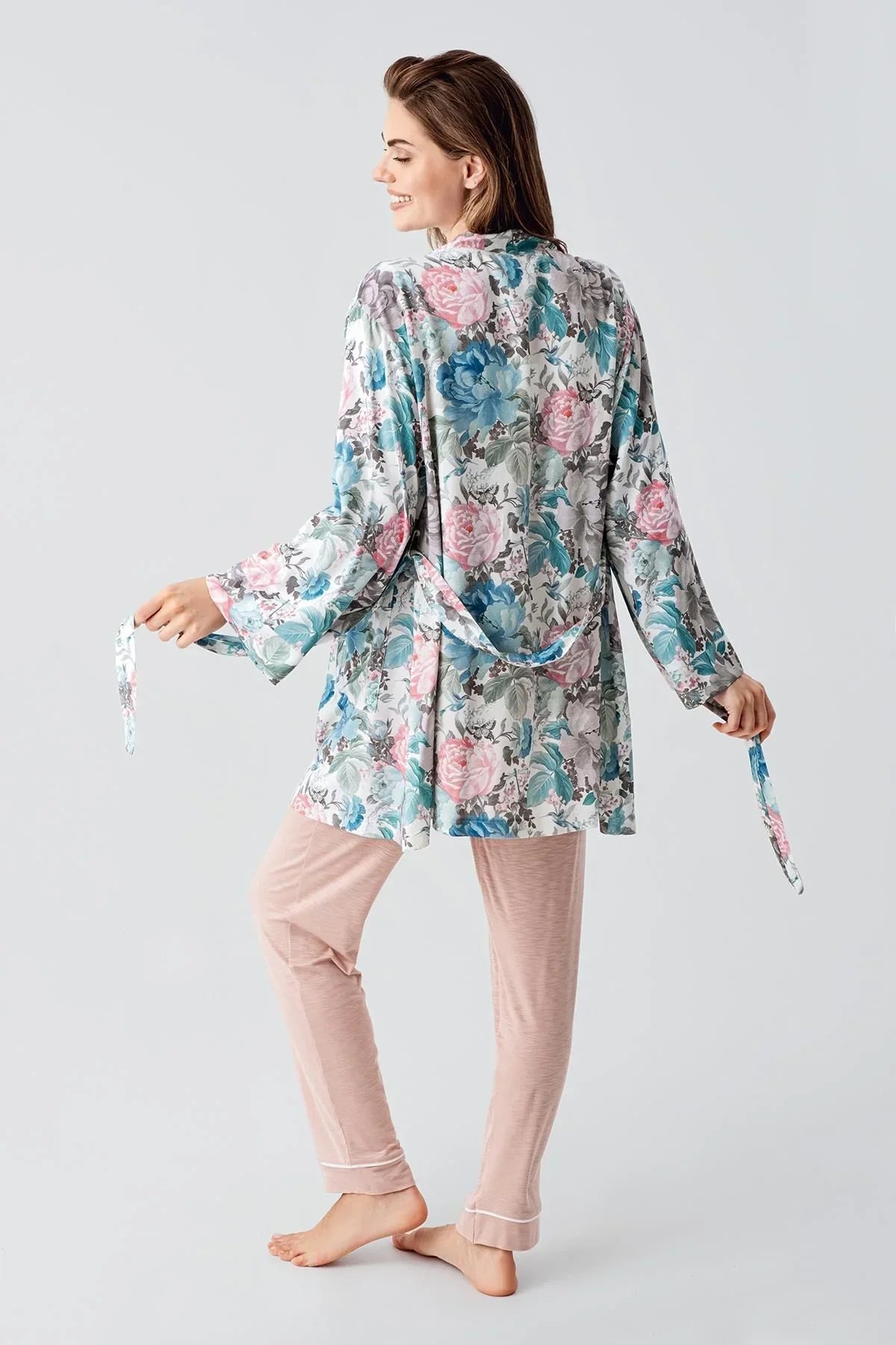 Uzun Kollu Desenli Esnek Viskoz Dokuma Hamile Sabahlık Pijama Takım 23108 - Artış Collection