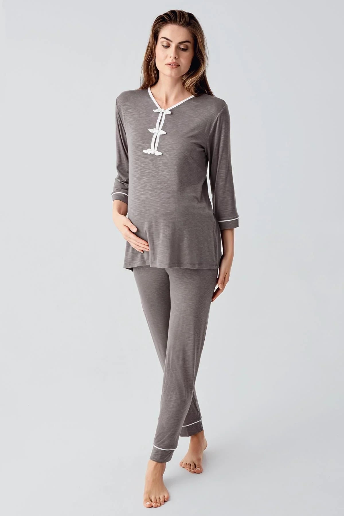 Uzun Kollu Desenli Esnek Viskoz Dokuma Hamile Sabahlık Pijama Takım 23108 - Artış Collection