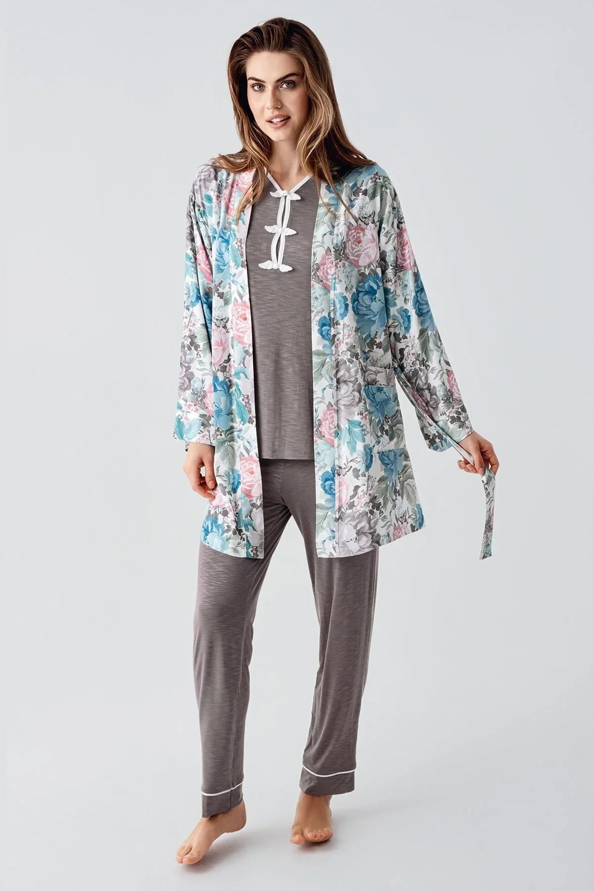 Uzun Kollu Desenli Esnek Viskoz Dokuma Hamile Sabahlık Pijama Takım 23108 - Artış Collection