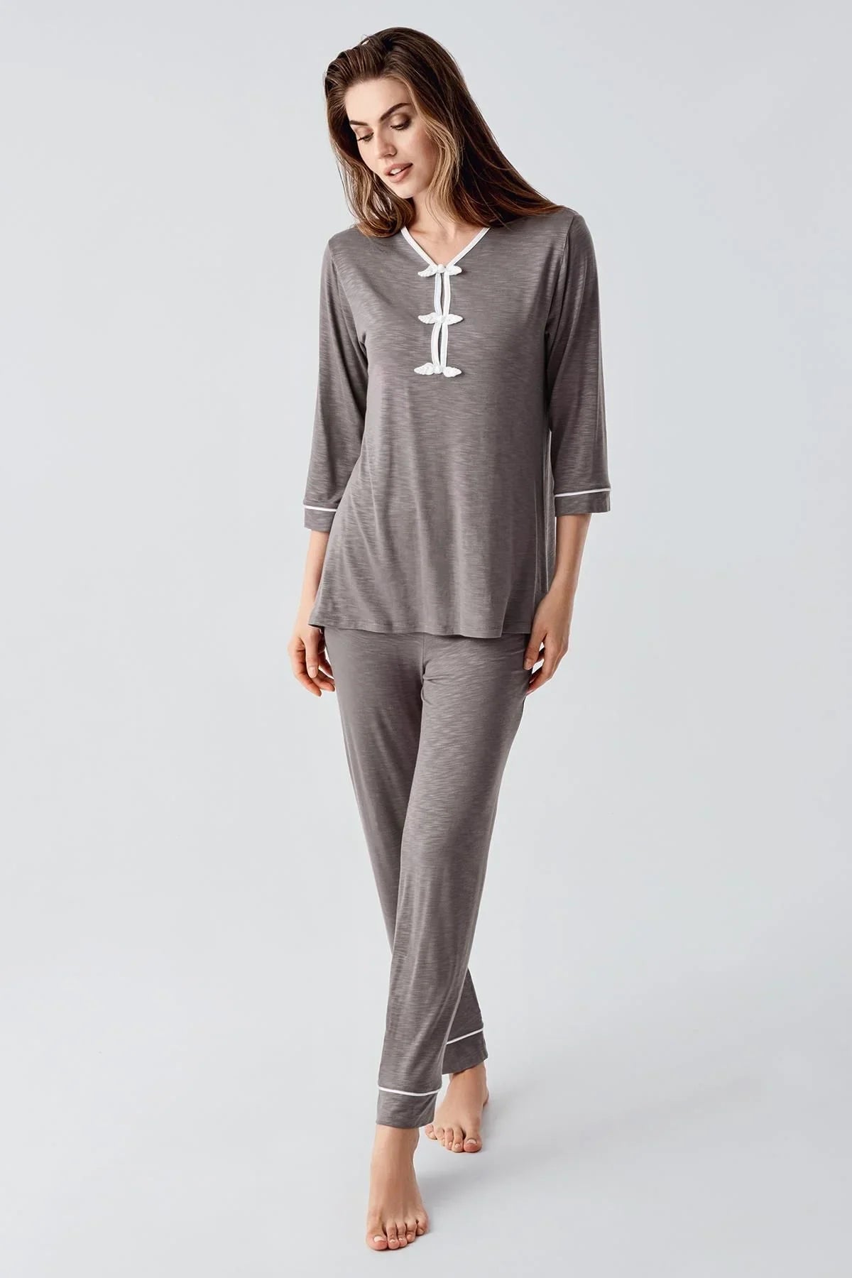 Uzun Kollu Desenli Esnek Viskoz Dokuma Hamile Sabahlık Pijama Takım 23108 - Artış Collection