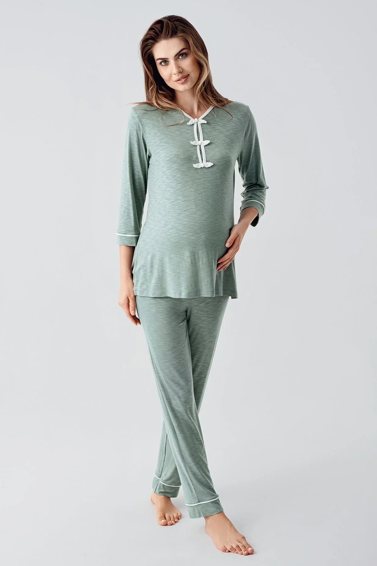 Uzun Kollu Desenli Esnek Viskoz Dokuma Hamile Sabahlık Pijama Takım 23108 - Artış Collection