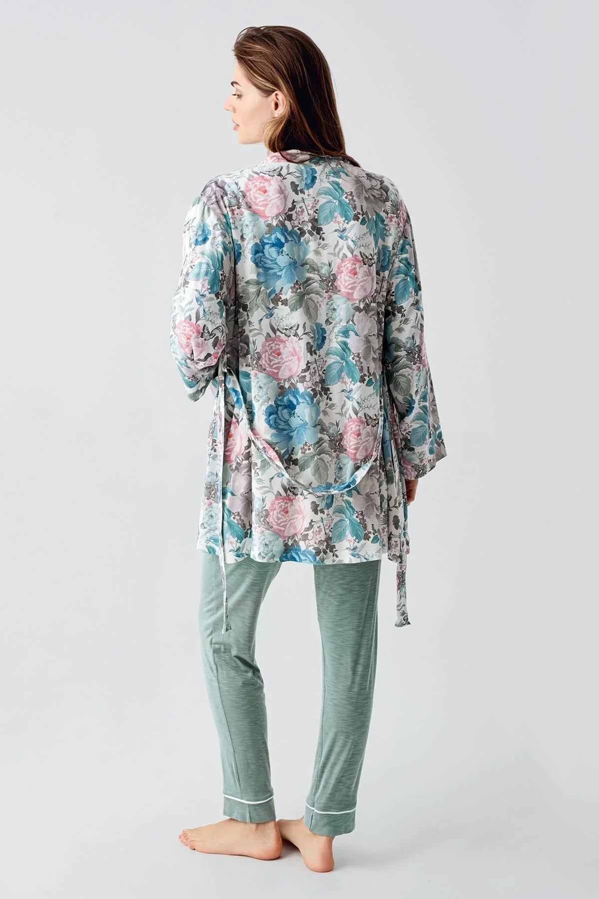 Uzun Kollu Desenli Esnek Viskoz Dokuma Hamile Sabahlık Pijama Takım 23108 - Artış Collection