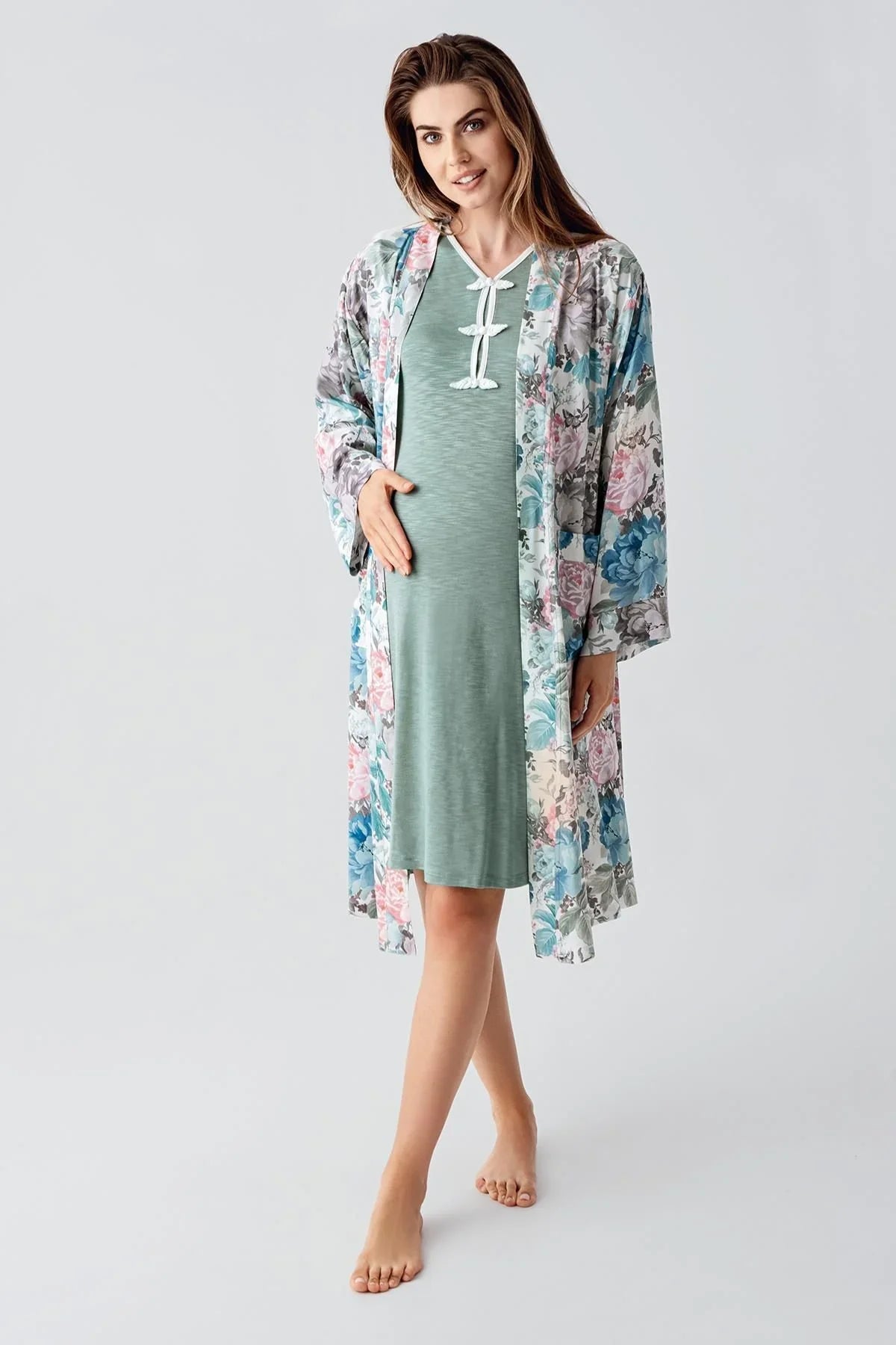 Uzun Kollu Desenli Viskon Hamile Sabahlık Gecelik Takım 24108 - Artış Collection