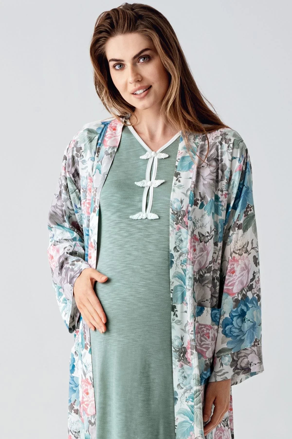 Uzun Kollu Desenli Viskon Hamile Sabahlık Gecelik Takım 24108