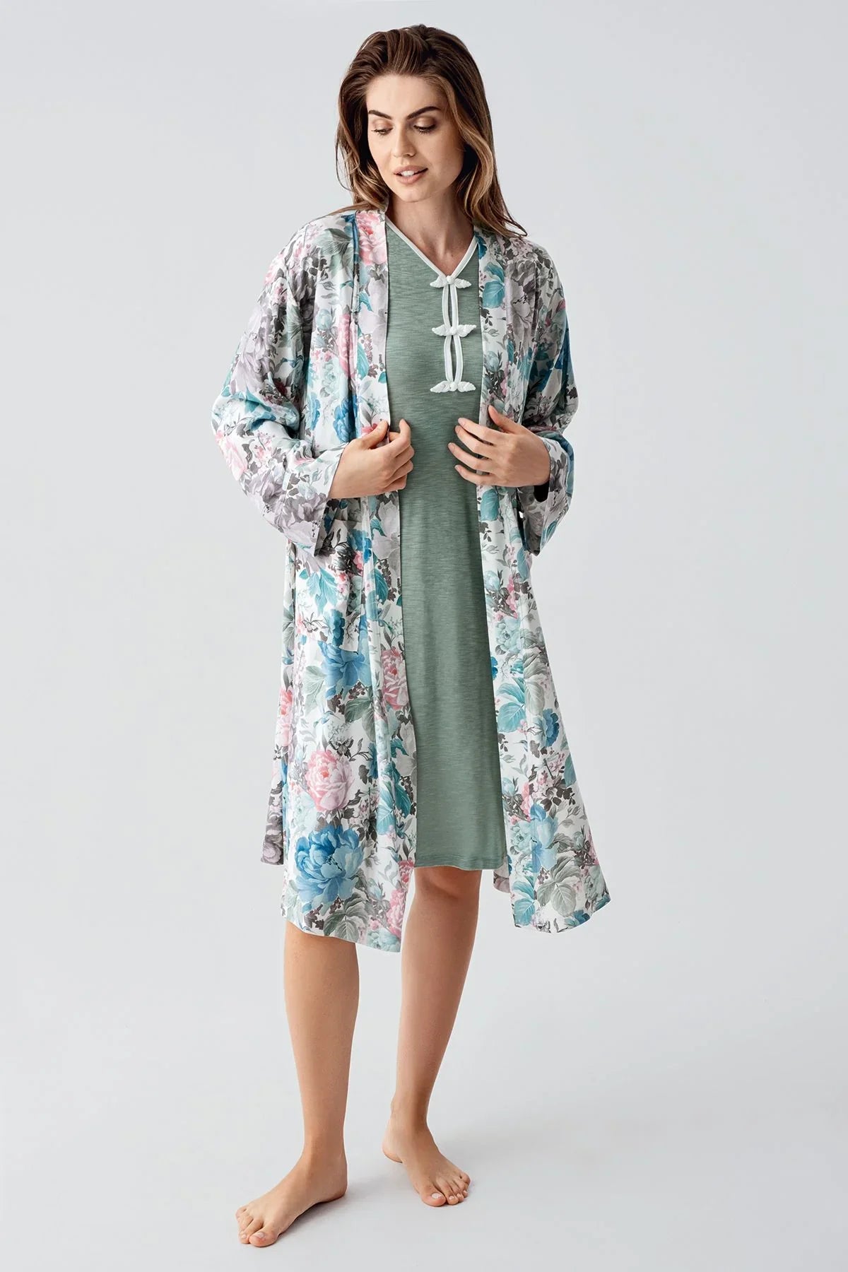 Uzun Kollu Desenli Viskon Hamile Sabahlık Gecelik Takım 24108 - Artış Collection