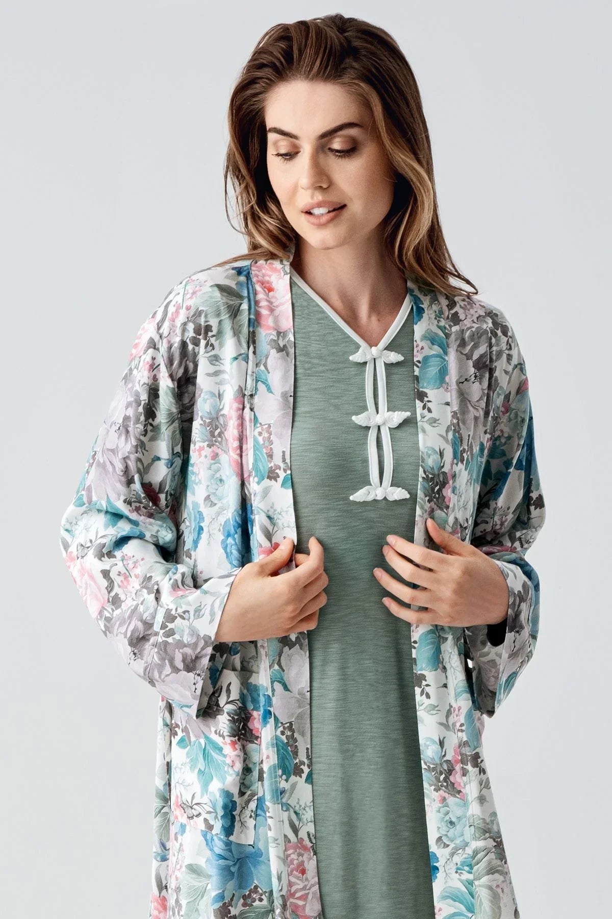 Uzun Kollu Desenli Viskon Hamile Sabahlık Gecelik Takım 24108