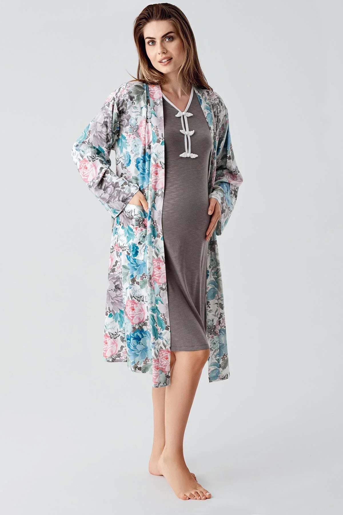 Uzun Kollu Desenli Viskon Hamile Sabahlık Gecelik Takım 24108