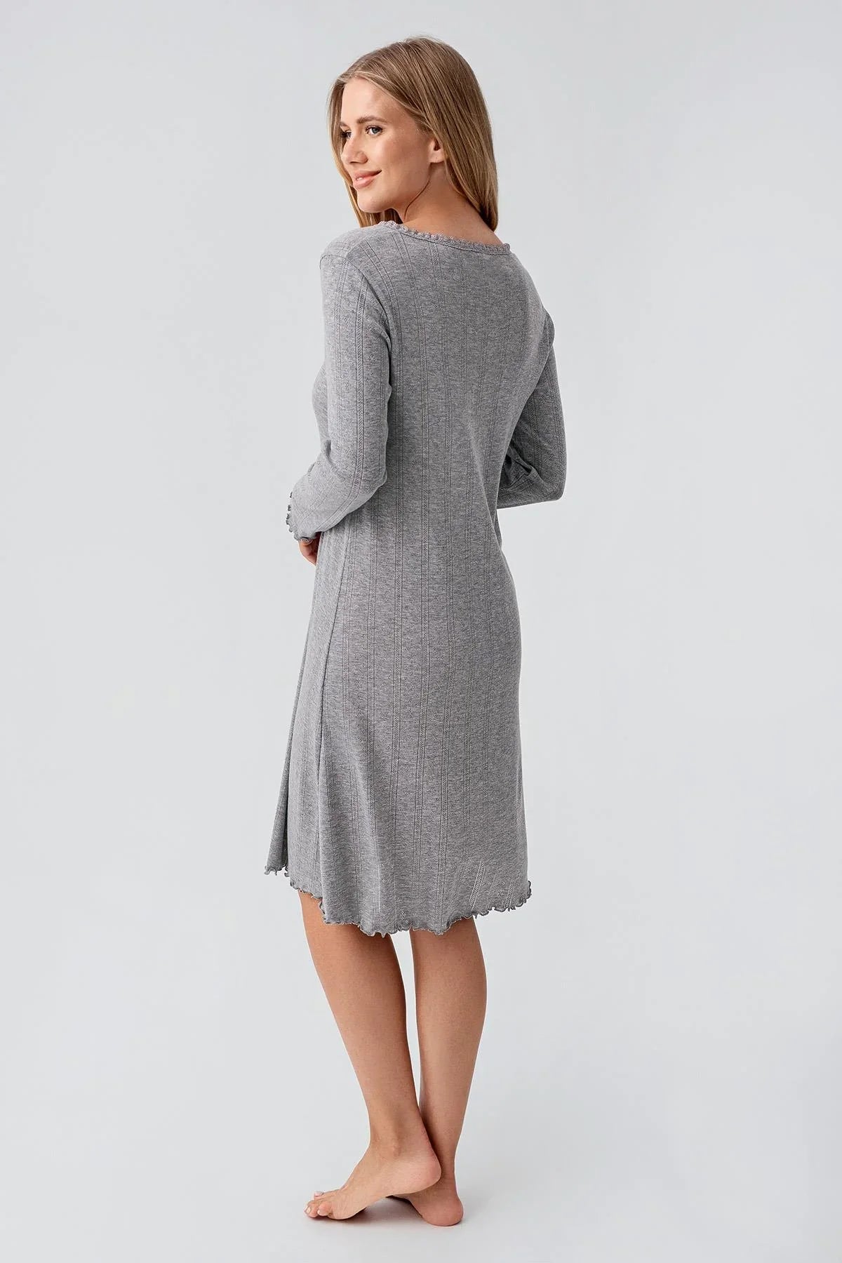 Uzun Kollu Düğmeli Ajurlu Esnek Pamuklu Kısa Gecelik 18107 - Artış Collection