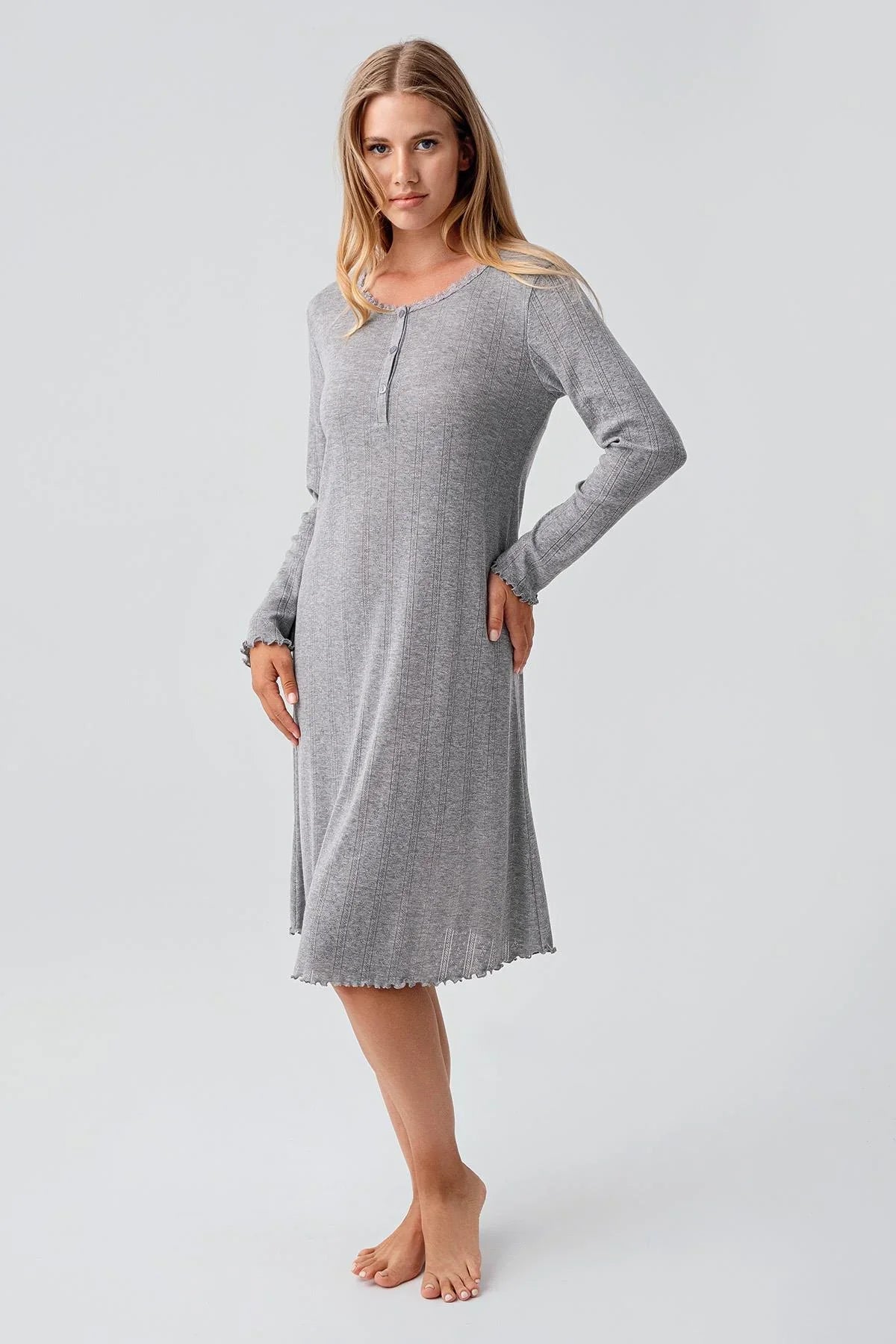 Uzun Kollu Düğmeli Ajurlu Esnek Pamuklu Kısa Gecelik 18107 - Artış Collection