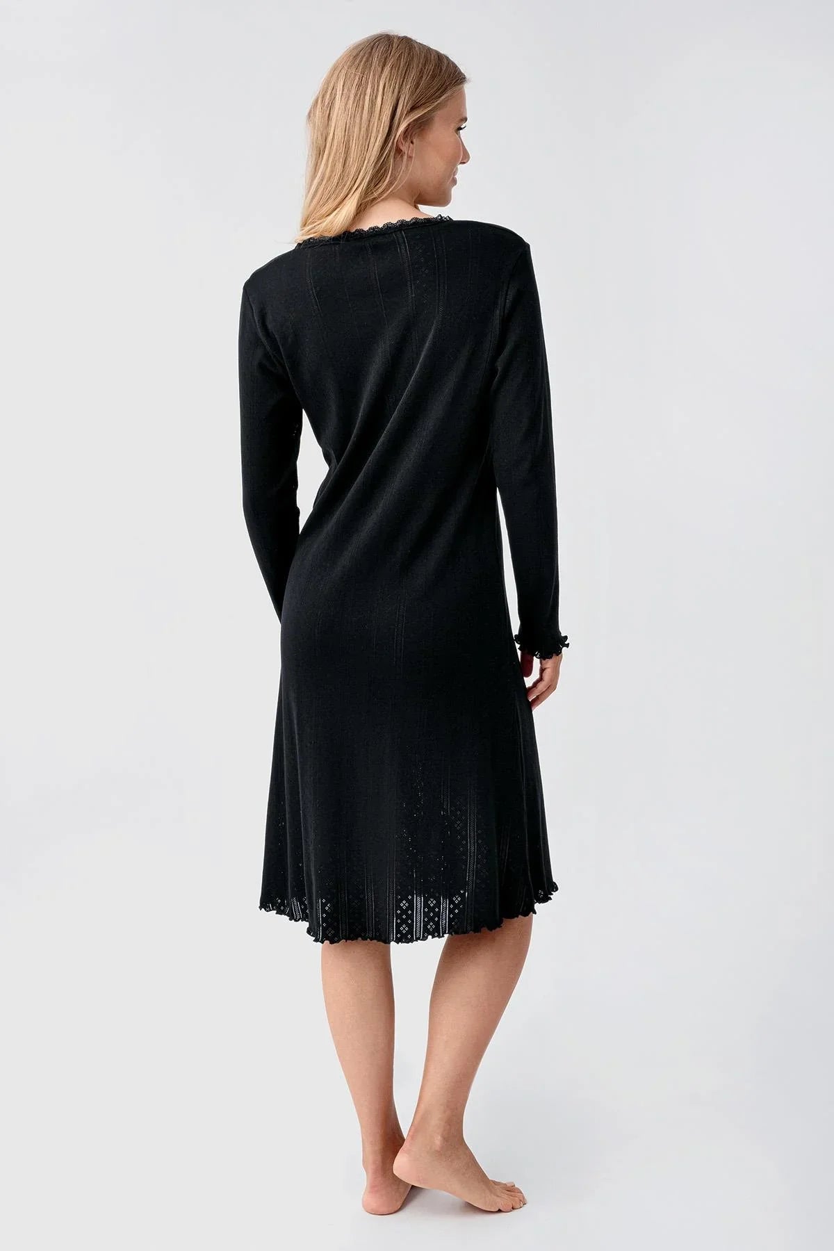 Uzun Kollu Düğmeli Ajurlu Esnek Pamuklu Kısa Gecelik 18107 - Artış Collection