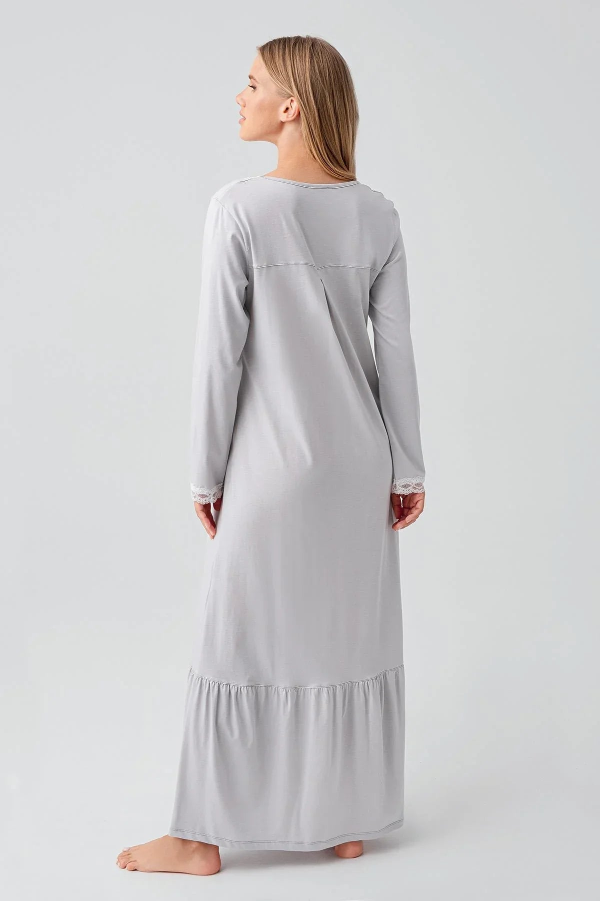 Uzun Kollu Düğmeli Dantelli Esnek Pamuklu Gecelik 18100 - Artış Collection