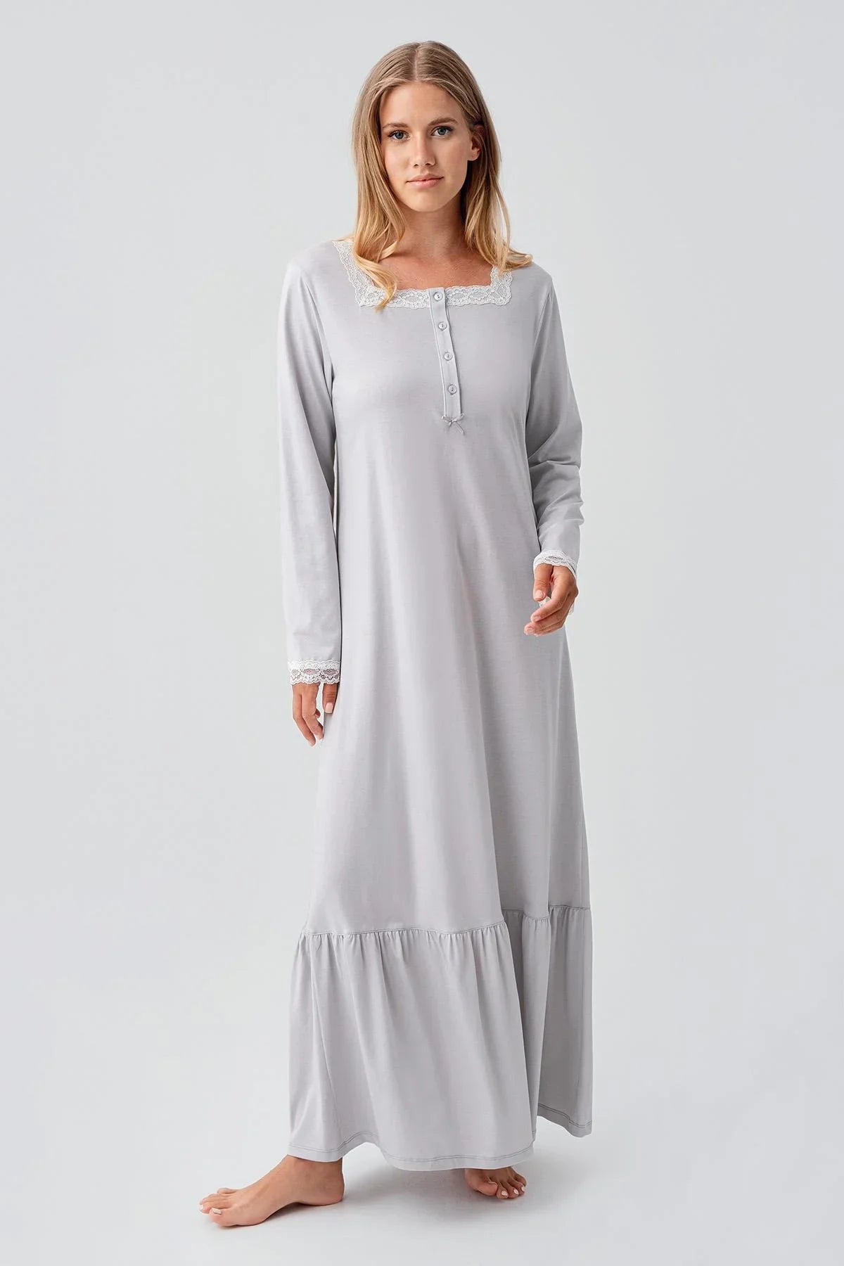 Long Sleeve Buttoned Lace Flexible Cotton Nightgown 18100