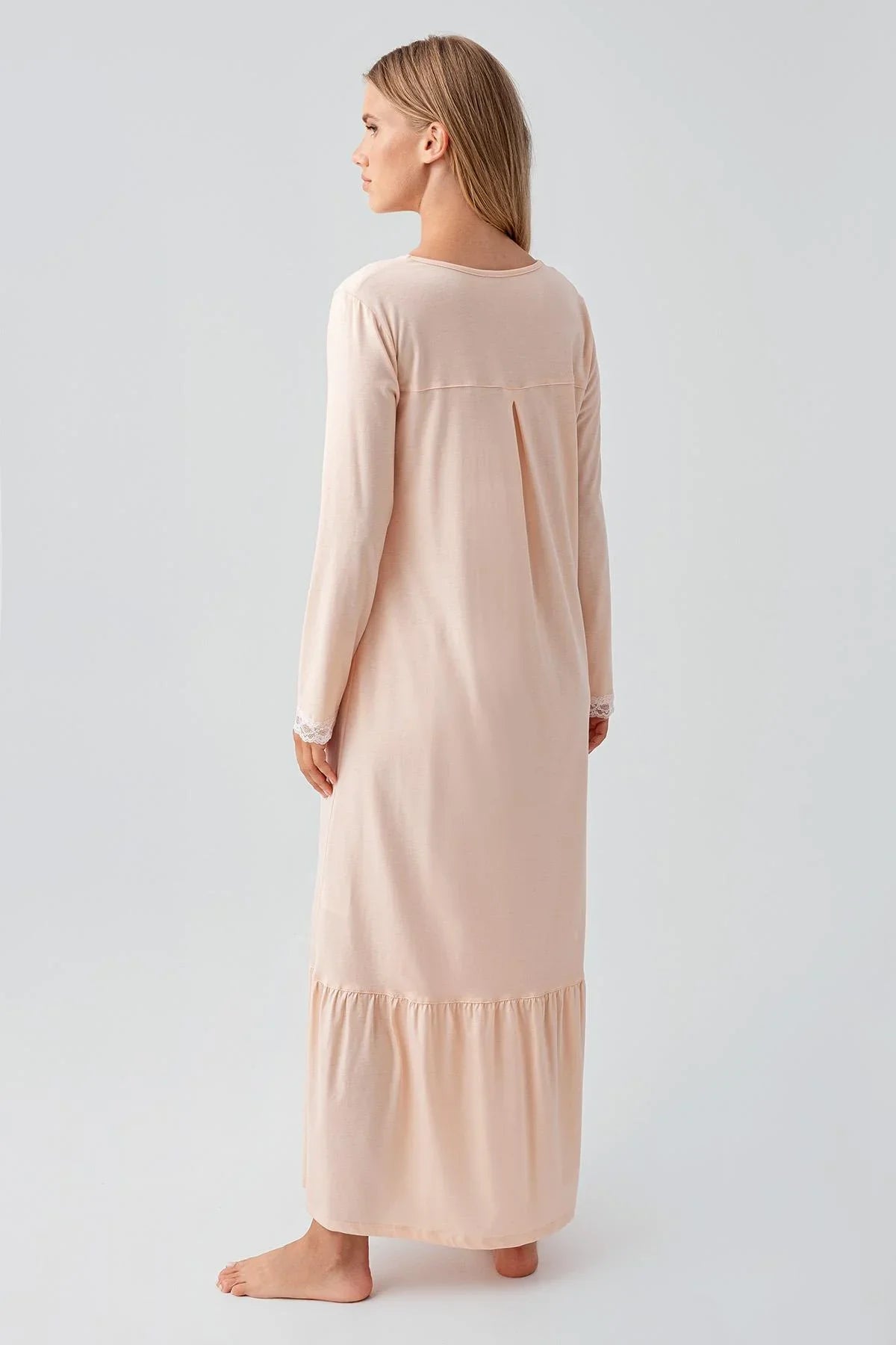 Uzun Kollu Düğmeli Dantelli Esnek Pamuklu Gecelik 18100 - Artış Collection