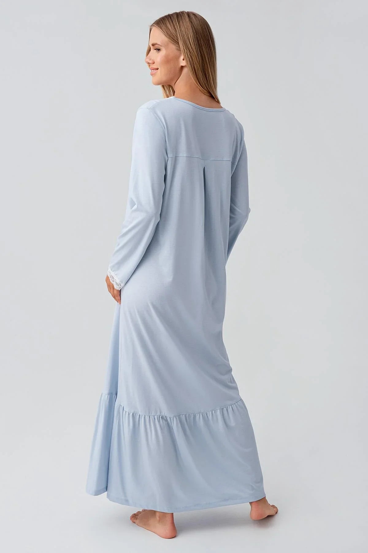 Uzun Kollu Düğmeli Dantelli Esnek Pamuklu Gecelik 18100 - Artış Collection