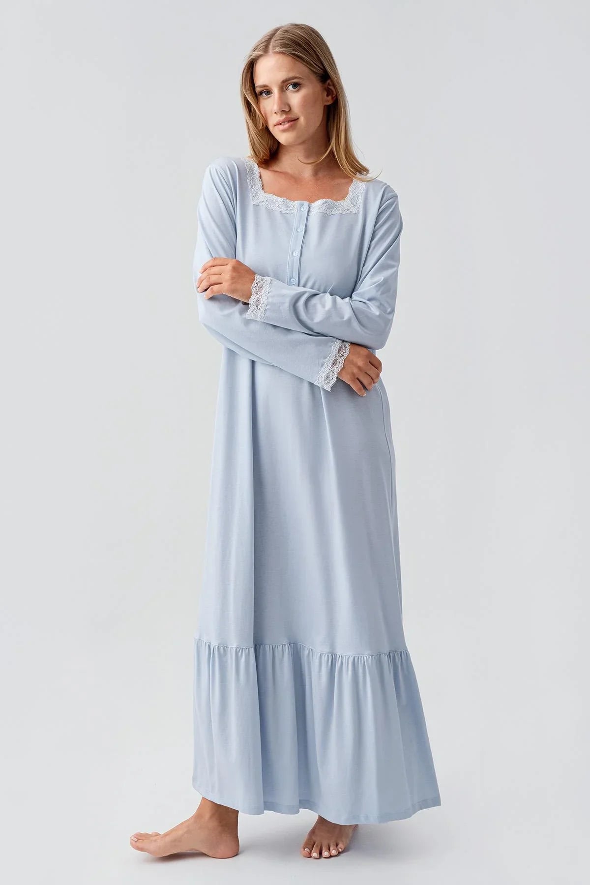Uzun Kollu Düğmeli Dantelli Esnek Pamuklu Gecelik 18100 - Artış Collection