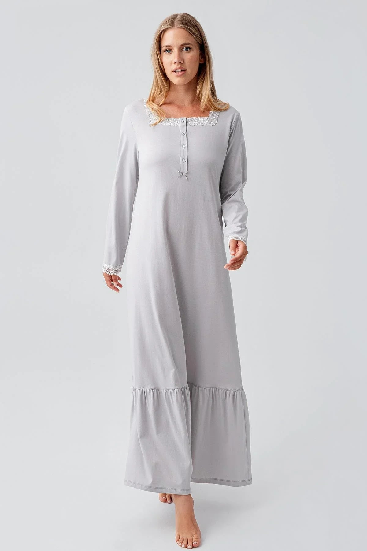 Long Sleeve Buttoned Lace Flexible Cotton Nightgown 18100