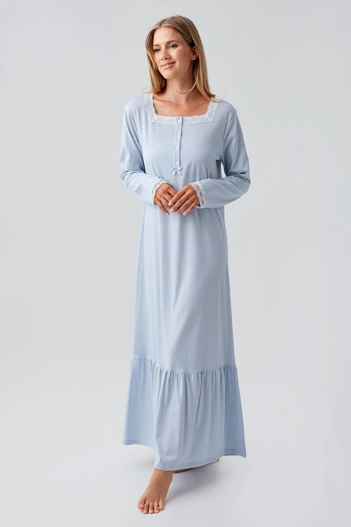 Uzun Kollu Düğmeli Dantelli Esnek Pamuklu Gecelik 18100 - Artış Collection