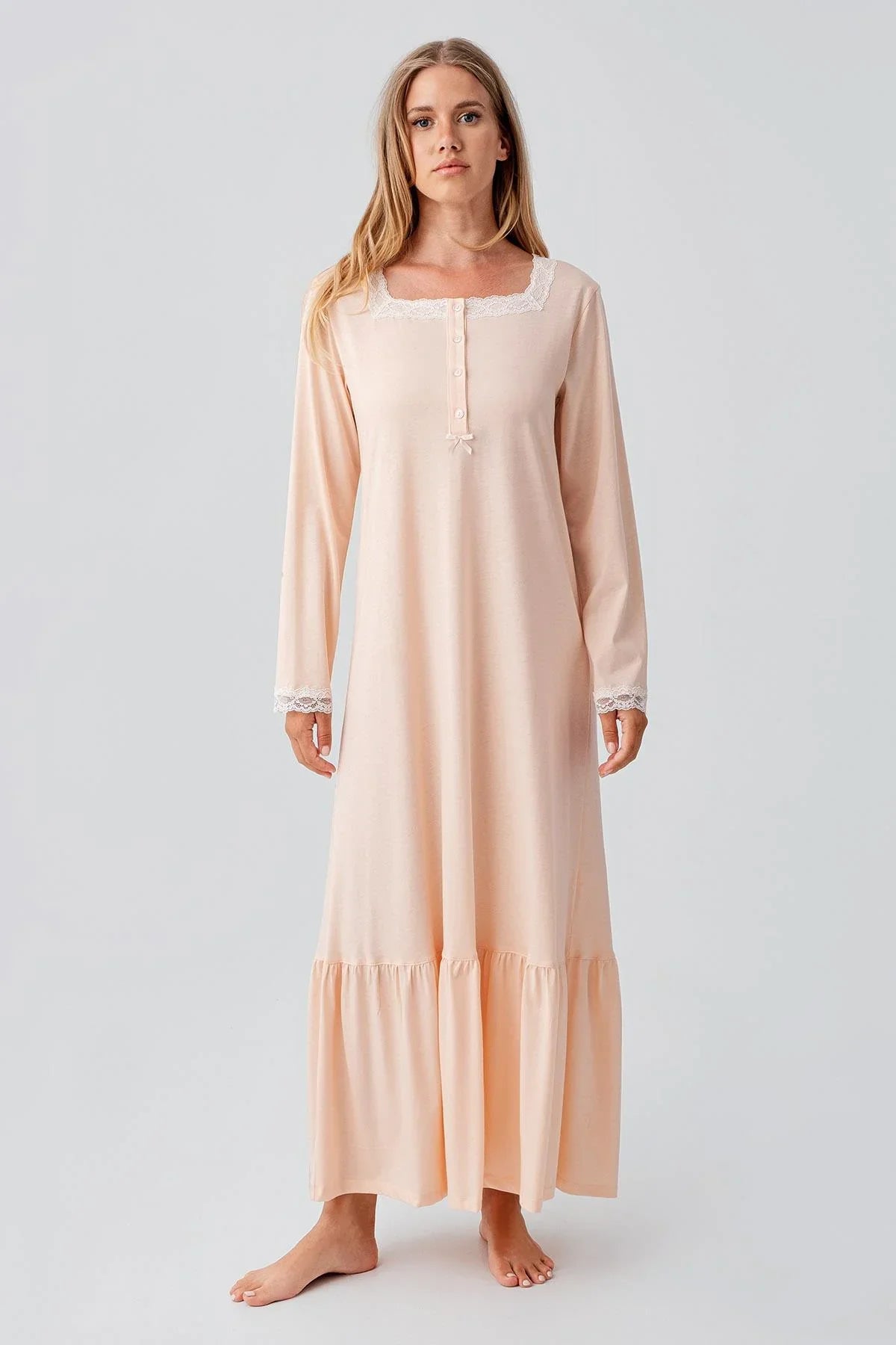 Uzun Kollu Düğmeli Dantelli Esnek Pamuklu Gecelik 18100 - Artış Collection