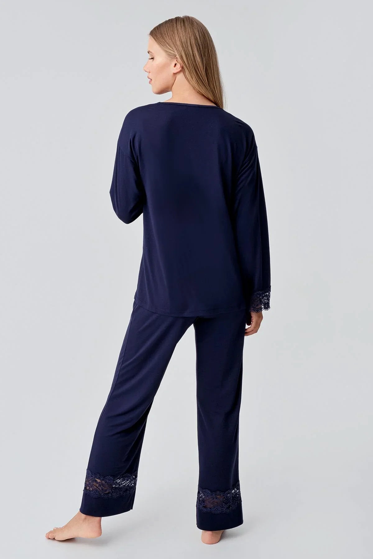 Uzun Kollu Düğmeli Dantelli Esnek Viskoz Pijama Takım 18206 - Artış Collection