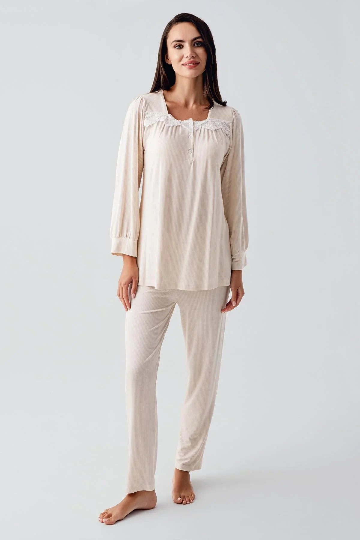 Long-Sleeved Buttoned Lace-Up Stretchy Lycra Viscose Soft Pajama Set 22100