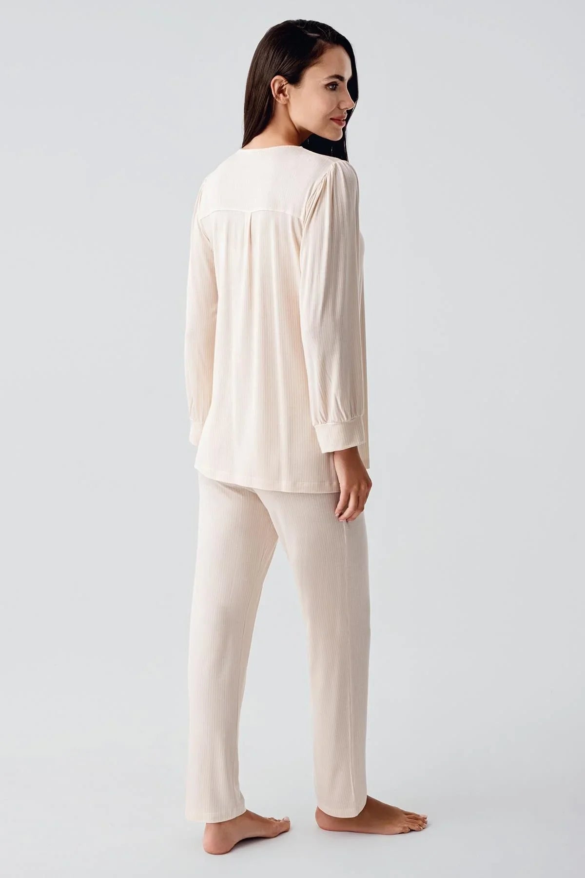 Long-Sleeved Buttoned Lace-Up Stretchy Lycra Viscose Soft Pajama Set 22100