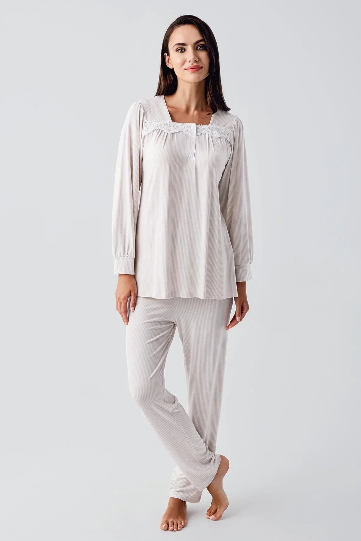 Long-Sleeved Buttoned Lace-Up Stretchy Lycra Viscose Soft Pajama Set 22100