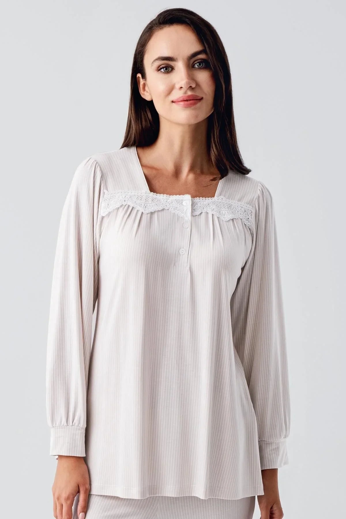 Long-Sleeved Buttoned Lace-Up Stretchy Lycra Viscose Soft Pajama Set 22100