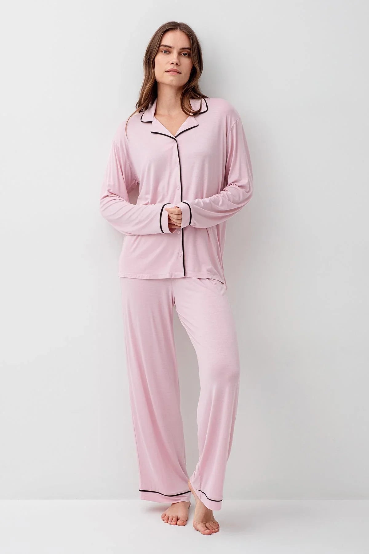 Long Sleeve Buttoned Flexible Viscose Pajama Set 18207