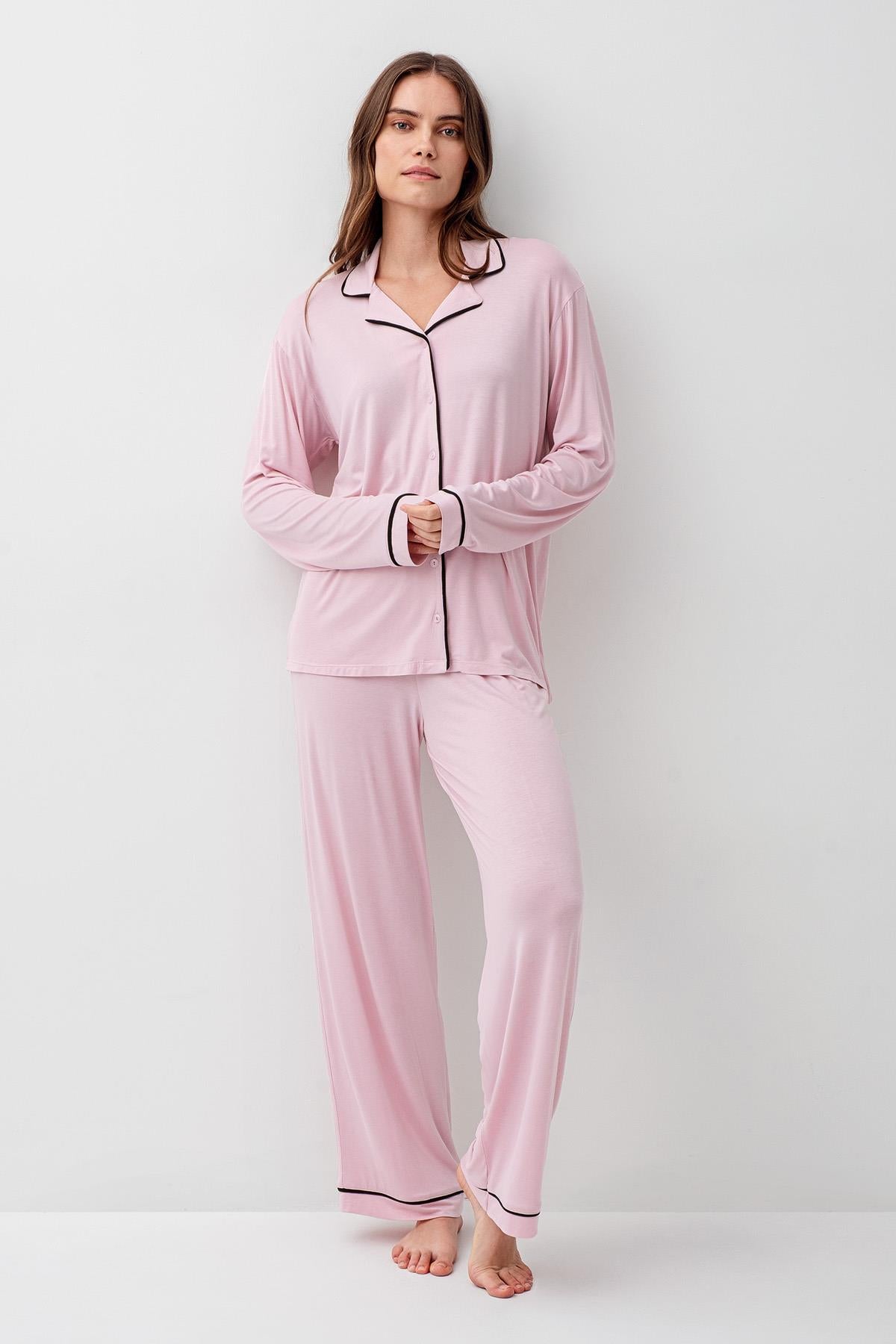 Long Sleeve Buttoned Flexible Viscose Pajama Set 18207