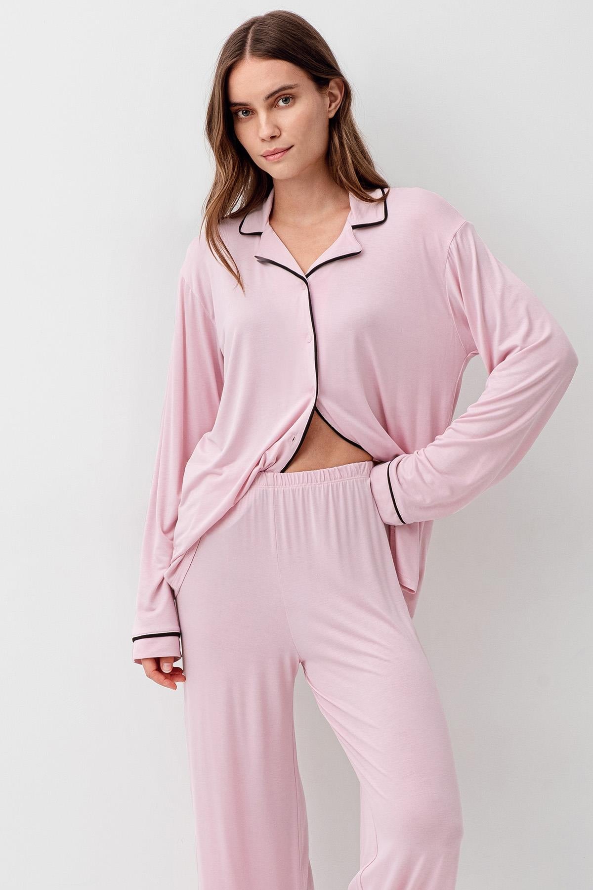 Long Sleeve Buttoned Flexible Viscose Pajama Set 18207