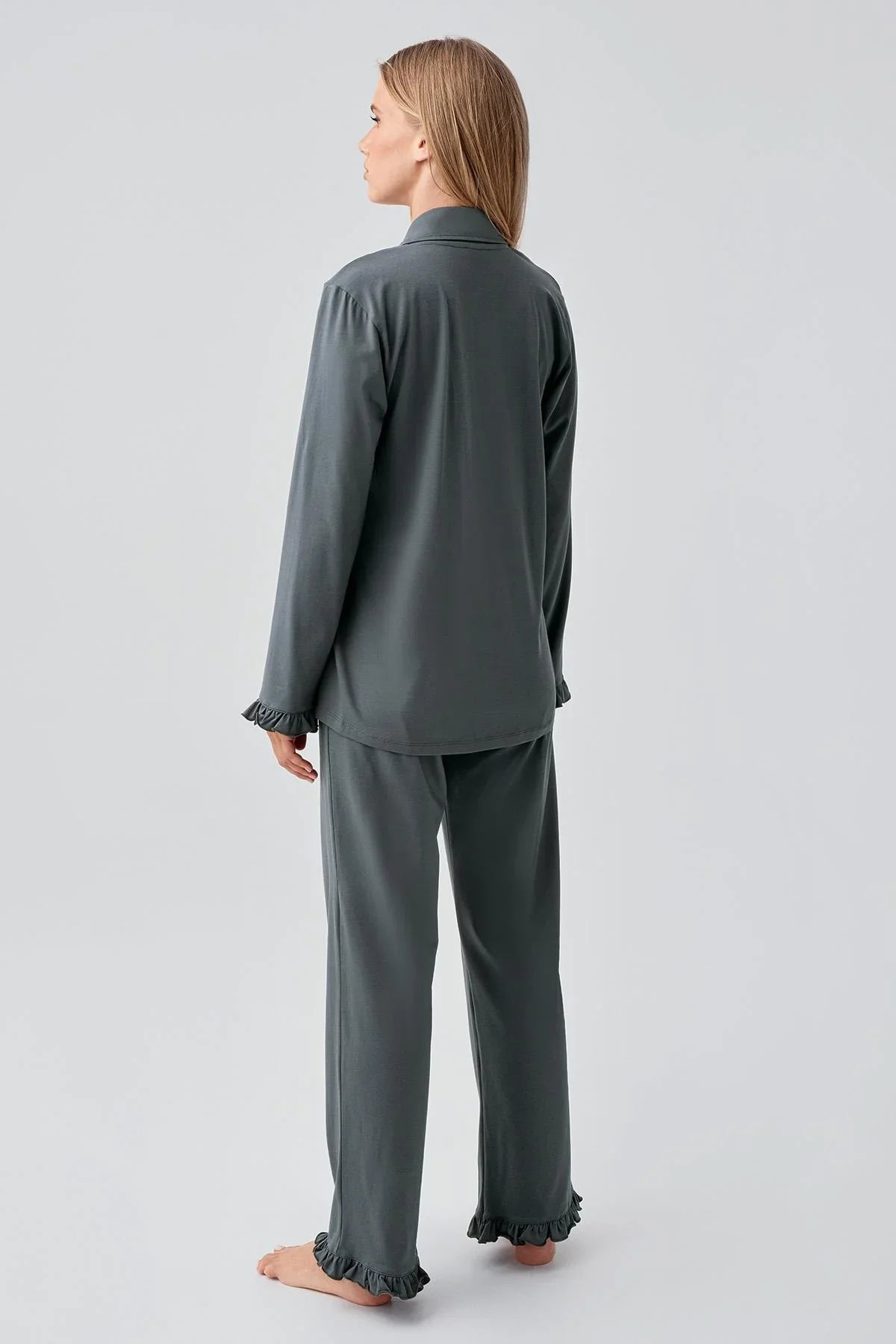 Uzun Kollu Düğmeli Esnek Pamuklu Pijama Takım 18203