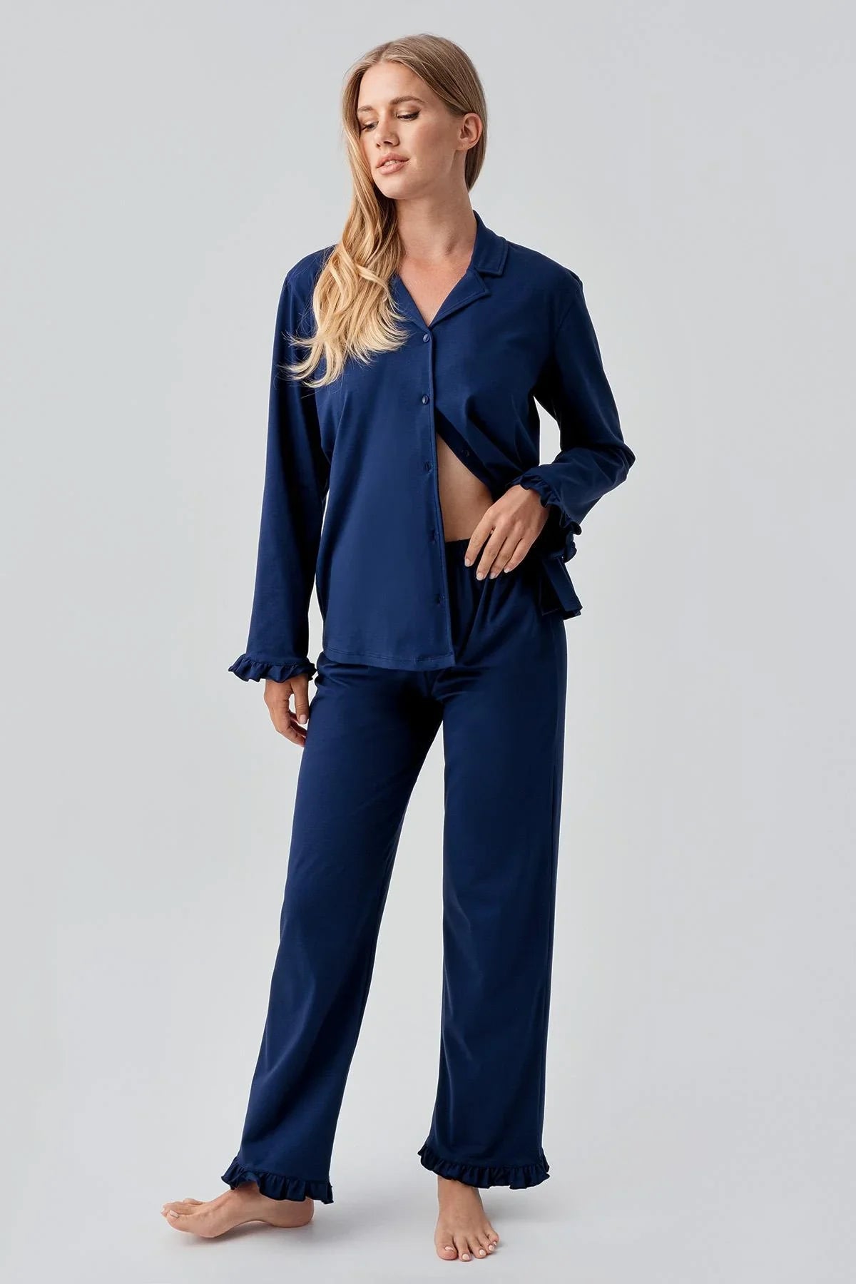 Uzun Kollu Düğmeli Esnek Pamuklu Pijama Takım 18203