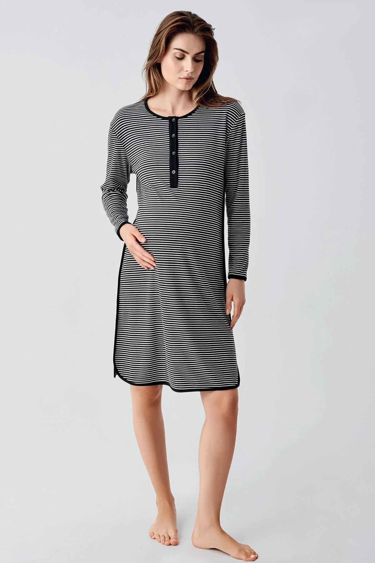 Uzun Kollu Düğmeli Esnek Şardonlu Viskoz Hamile Gecelik 21103