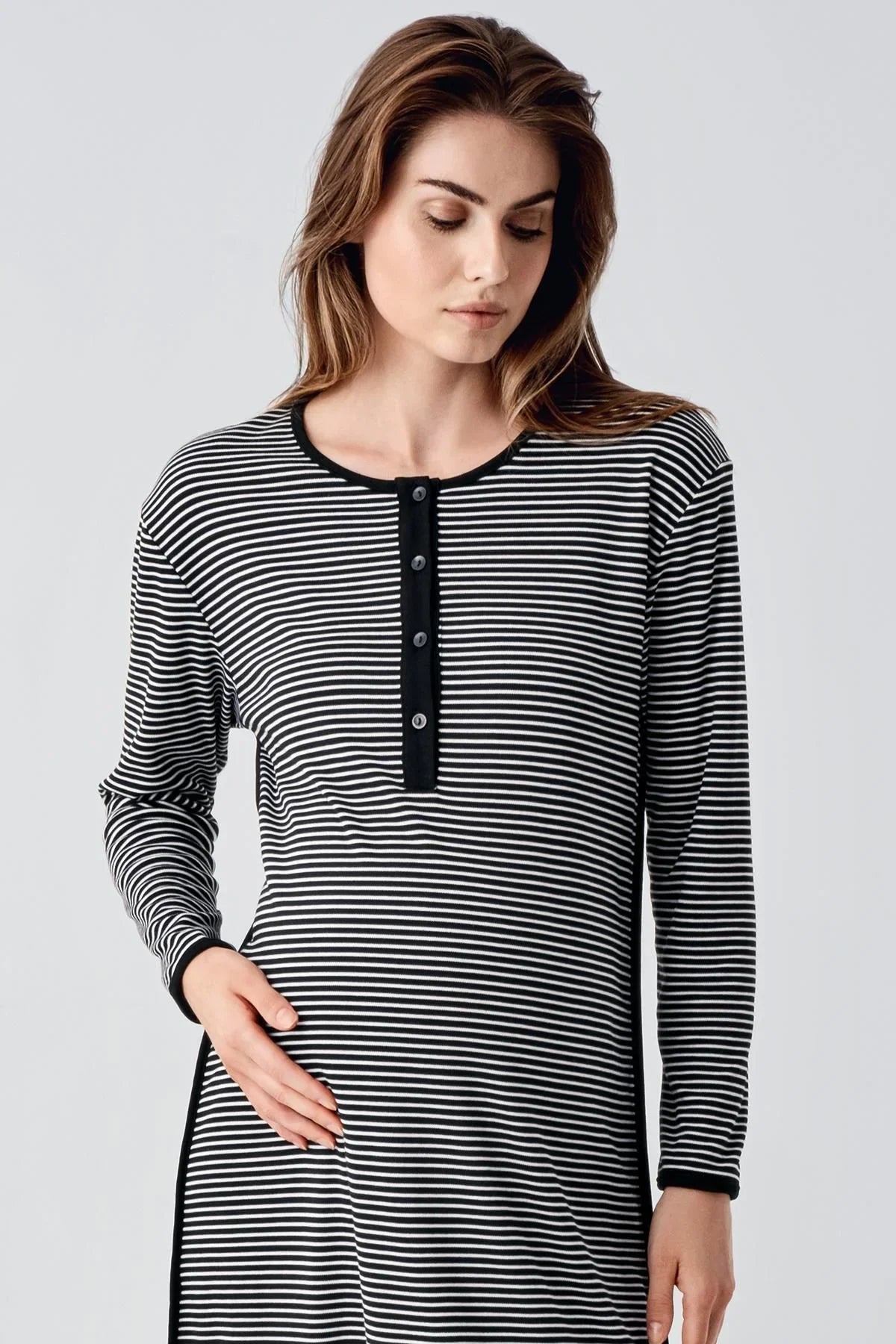 Uzun Kollu Düğmeli Esnek Şardonlu Viskoz Hamile Gecelik 21103