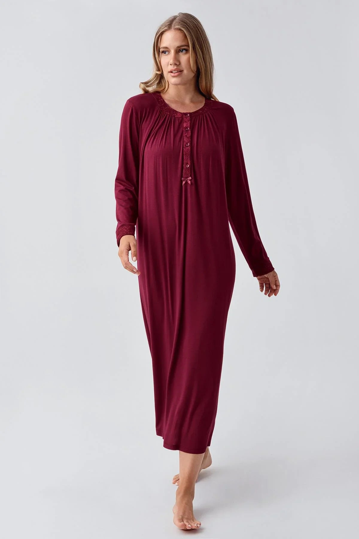 Uzun Kollu Düğmeli Esnek Viskoz Gecelik 18104 - Artış Collection