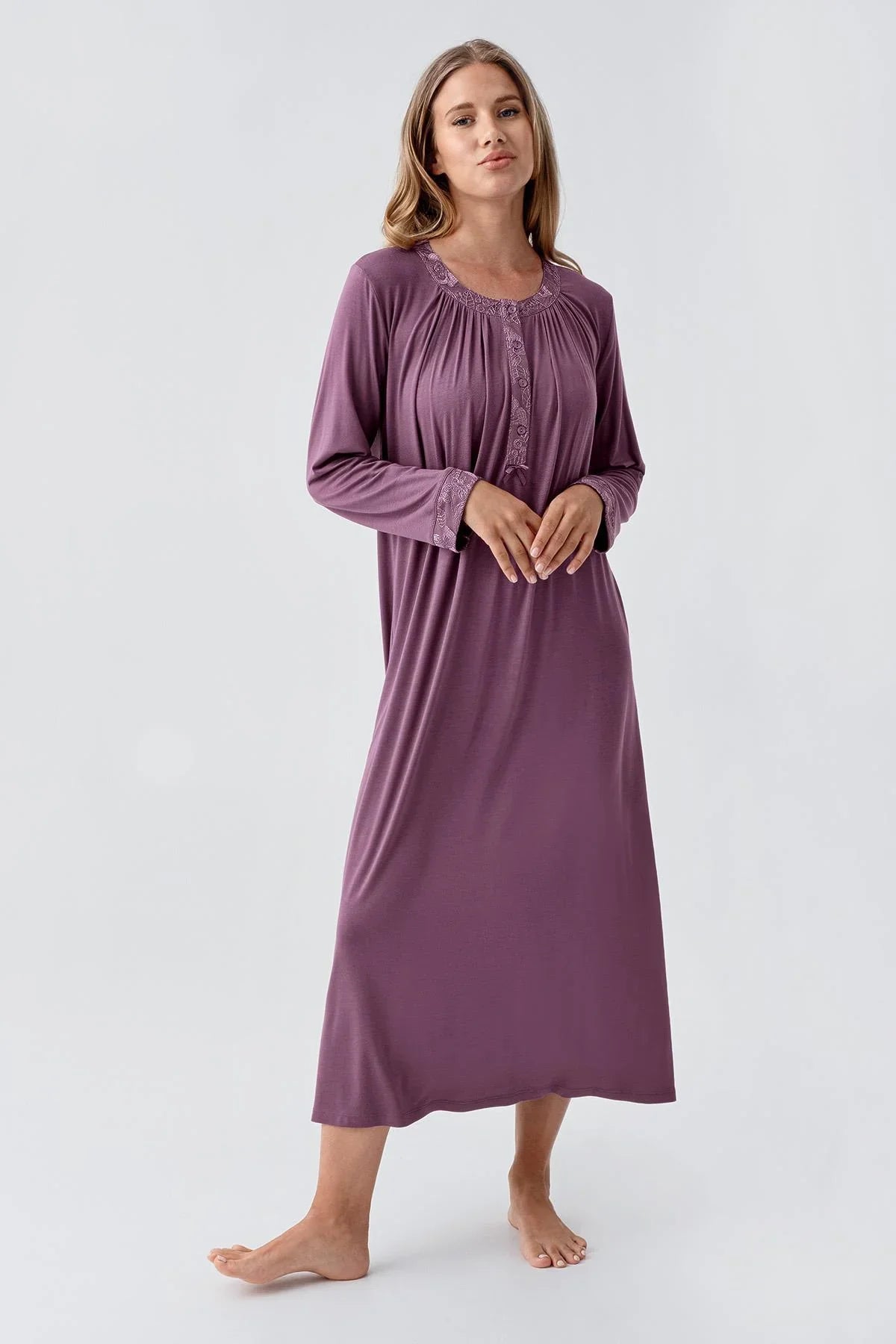 Uzun Kollu Düğmeli Esnek Viskoz Gecelik 18104 - Artış Collection