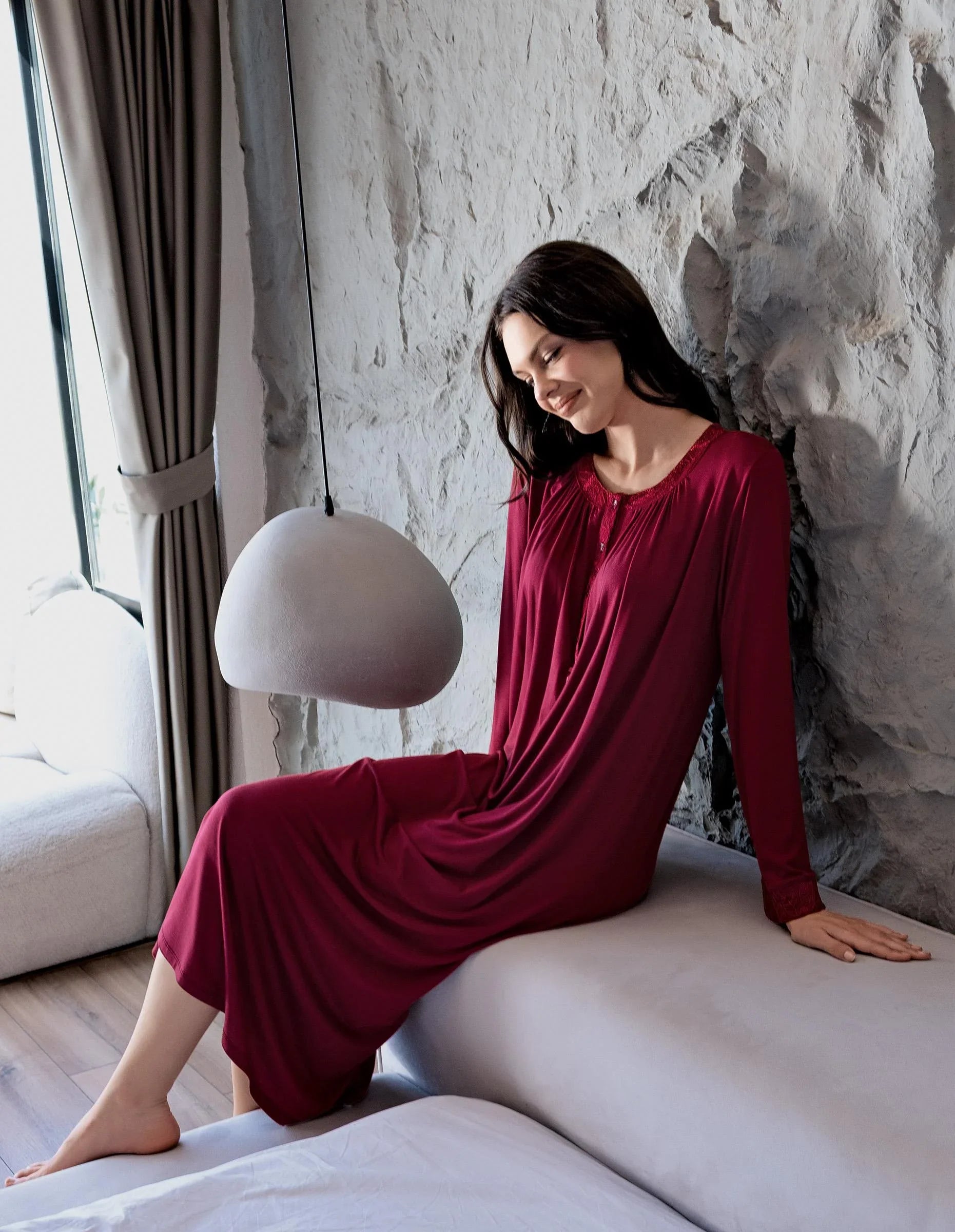 Uzun Kollu Düğmeli Esnek Viskoz Gecelik 18104 - Artış Collection