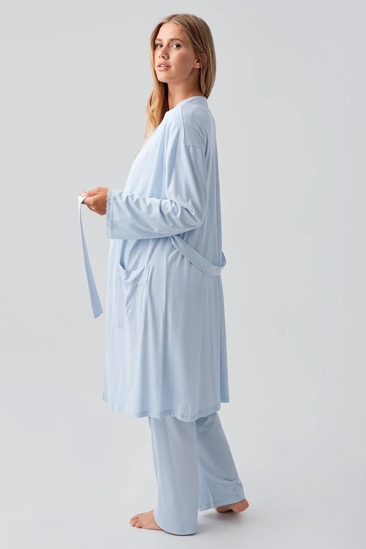 Uzun Kollu Düğmeli Esnek Viskoz Hamile Sabahlık Pijama Takım 18302