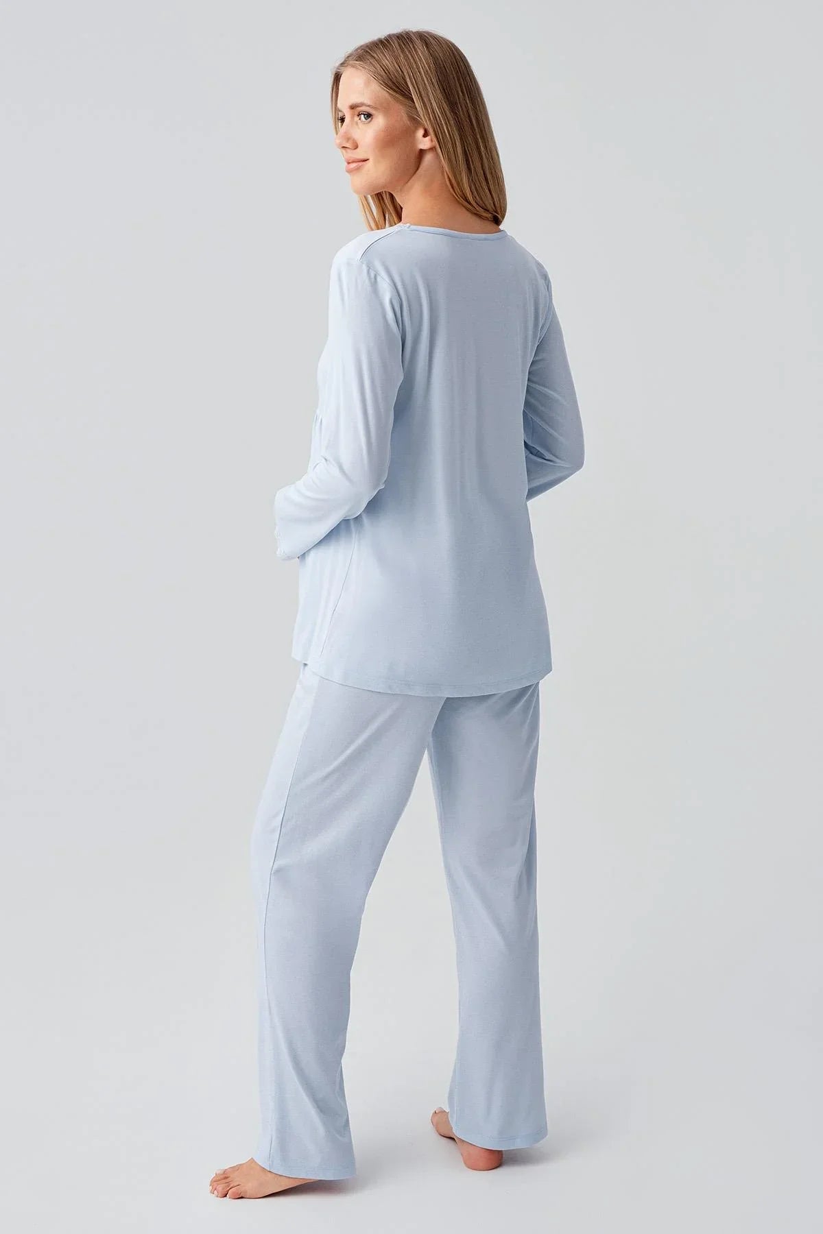 Uzun Kollu Düğmeli Esnek Viskoz Hamile Sabahlık Pijama Takım 18302