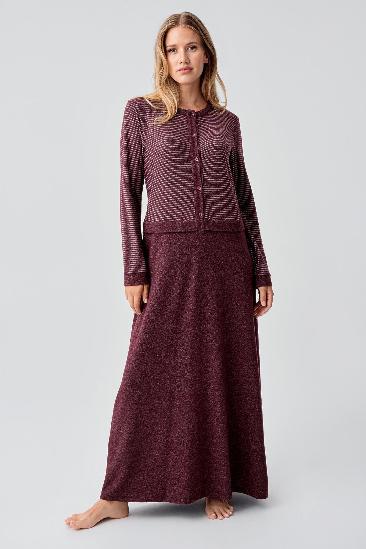 Uzun Kollu Düğmeli Esnek Yumuşak Dokulu Viskoz Gecelik 18102