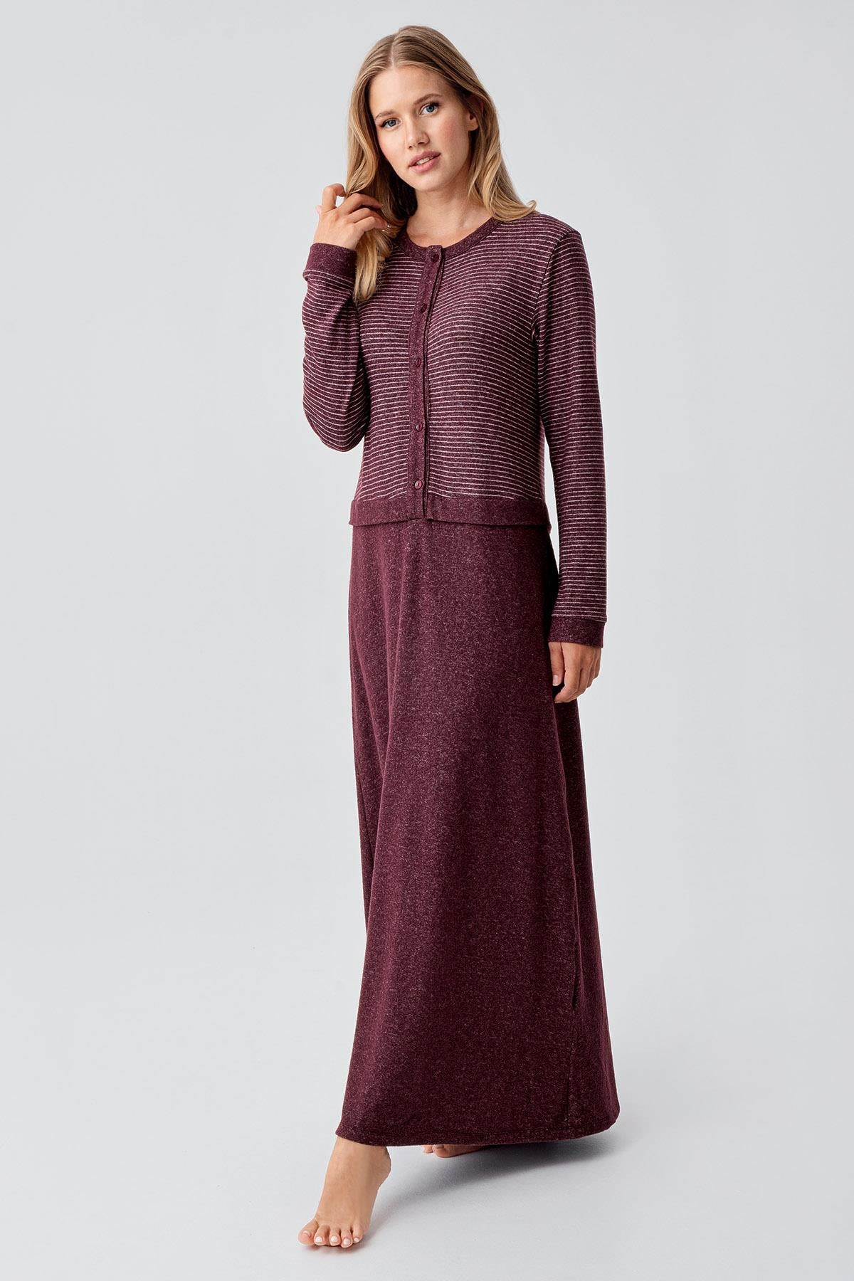 Uzun Kollu Düğmeli Esnek Yumuşak Dokulu Viskoz Gecelik 18102