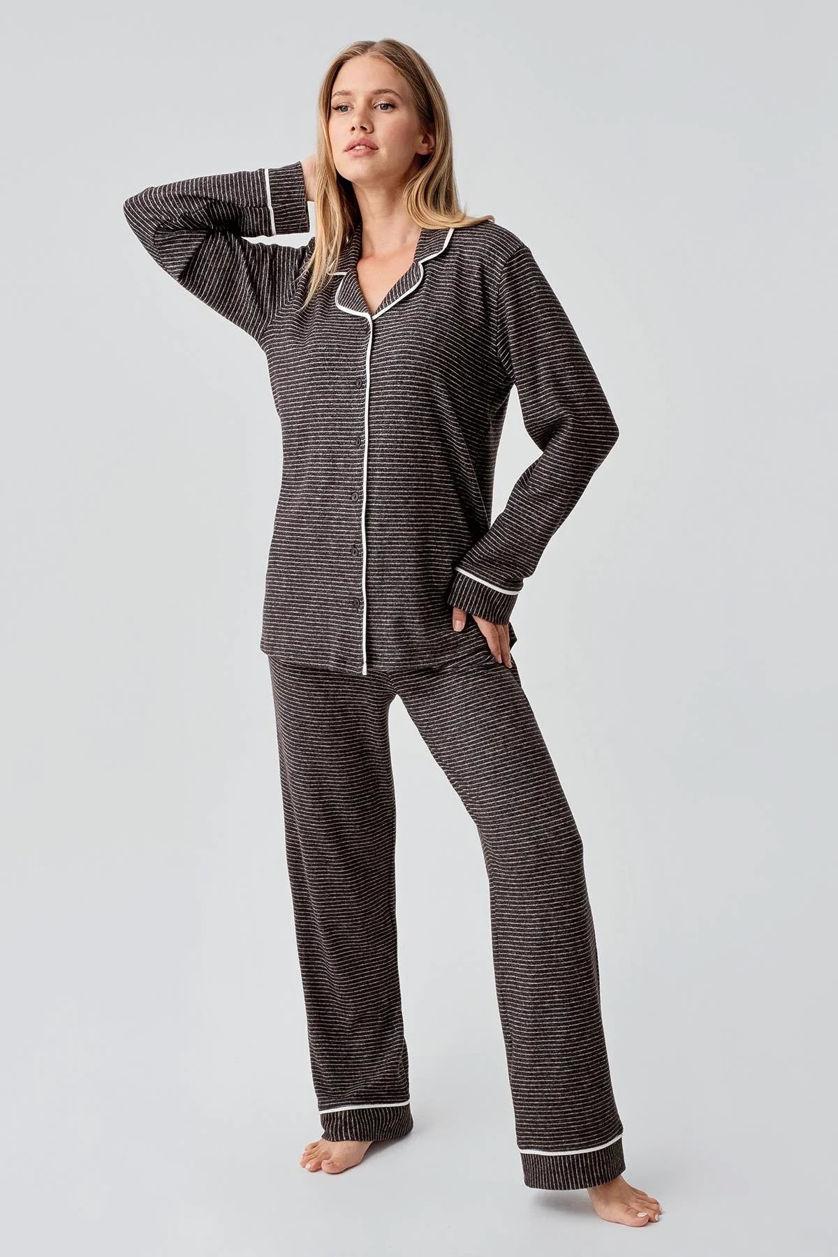 Uzun Kollu Düğmeli Esnek Yumuşak Dokulu Viskoz Pijama Takım 18217 - Artış Collection