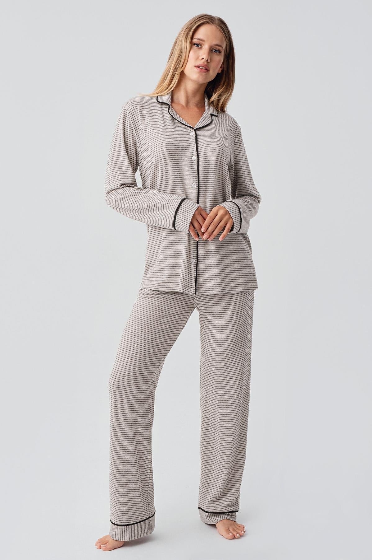 Uzun Kollu Düğmeli Esnek Yumuşak Dokulu Viskoz Pijama Takım 18217