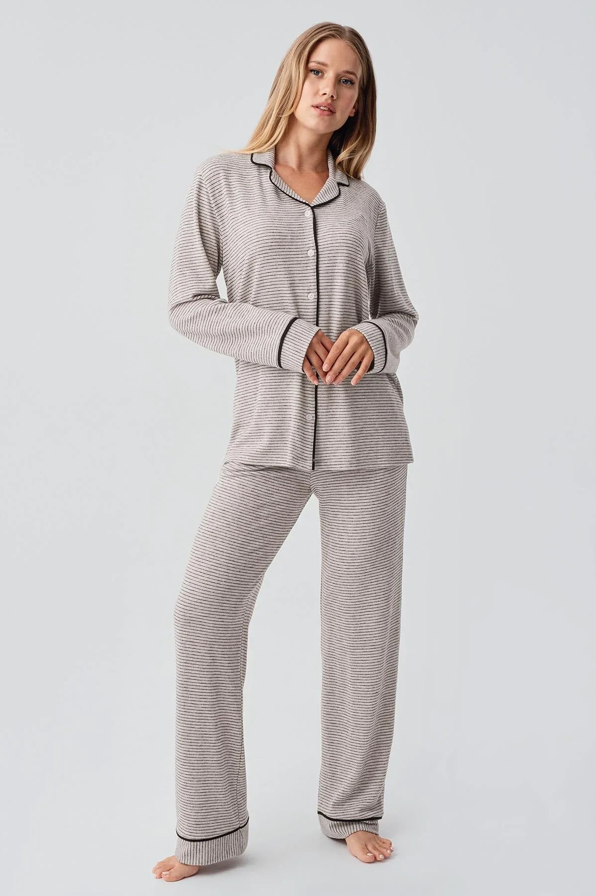 Uzun Kollu Düğmeli Esnek Yumuşak Dokulu Viskoz Pijama Takım 18217 - Artış Collection