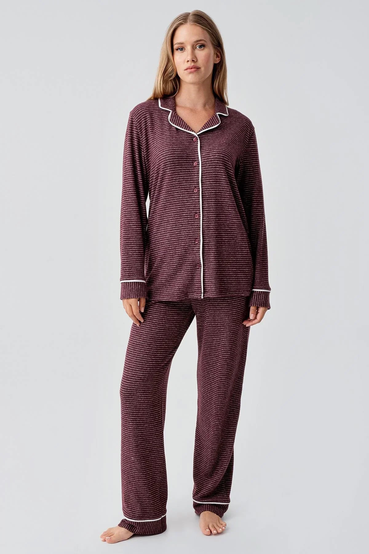 Uzun Kollu Düğmeli Esnek Yumuşak Dokulu Viskoz Pijama Takım 18217 - Artış Collection