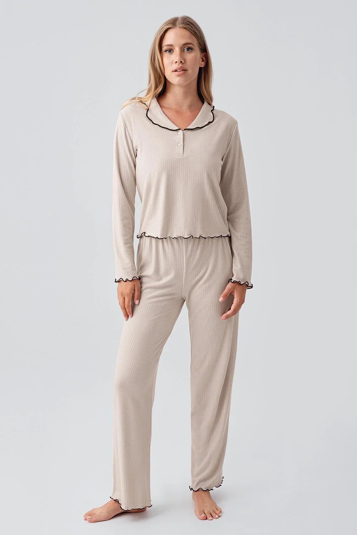 Uzun Kollu Düğmeli Fırfır Dikişli Viskoz Pijama Takım 18212 - Artış Collection