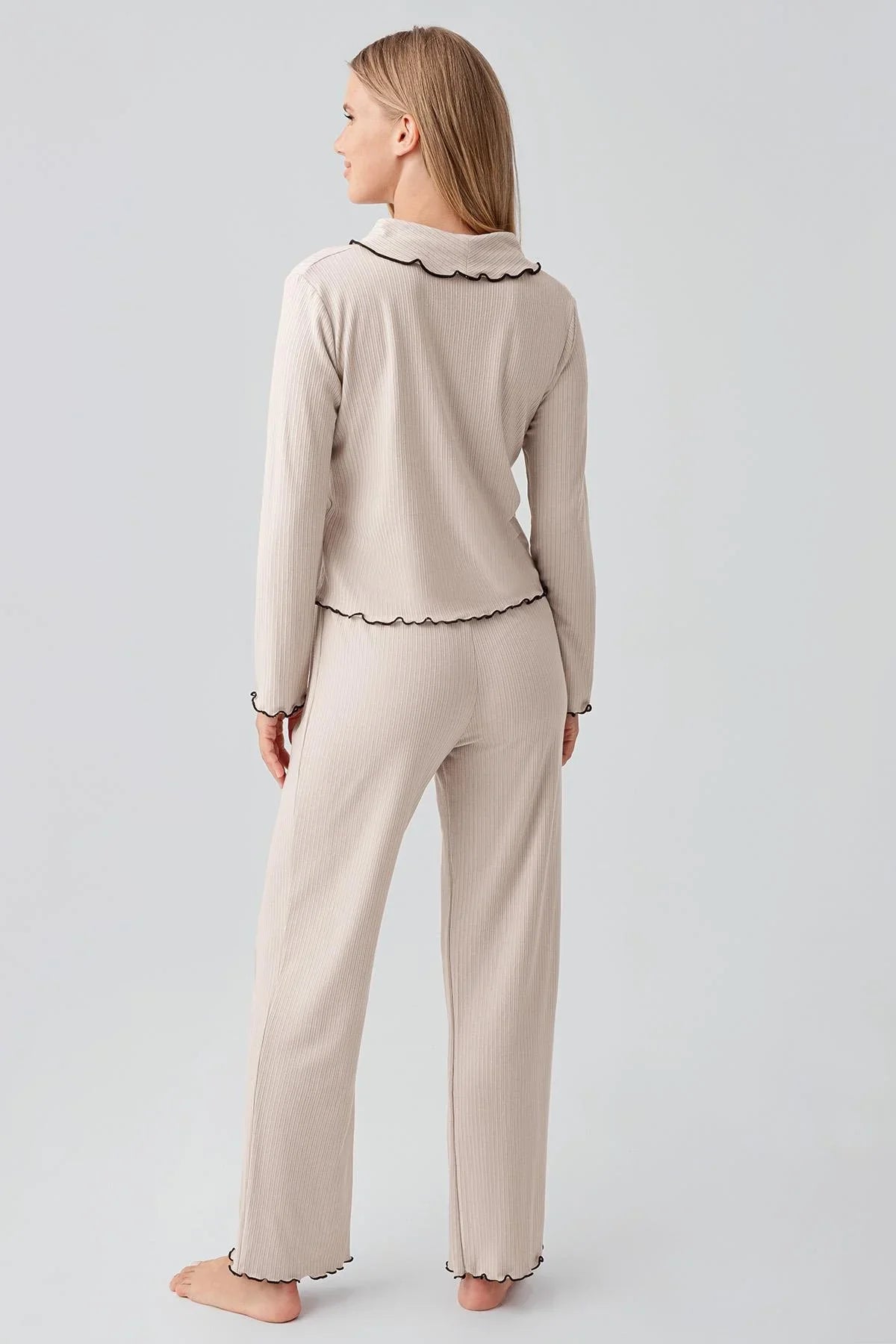 Uzun Kollu Düğmeli Fırfır Dikişli Viskoz Pijama Takım 18212 - Artış Collection